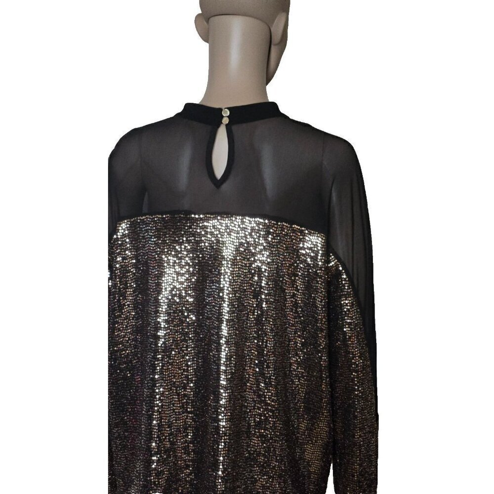 Nine West Women's Black Gold Sequins Knit Sheer Mesh Long Sleeve Top Size L - Picture 6 of 10